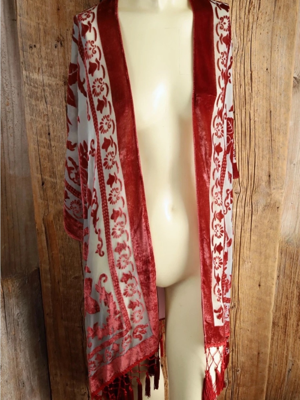 Velvet Burnout Kimono Floral Sheer Fringe Tassel Dress Duster Shawl 35"x42"